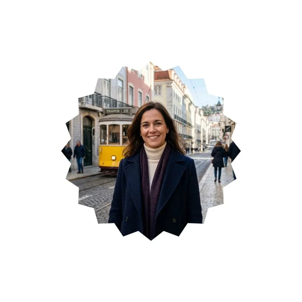 Ana Ferreira, Editora-Chefe do Portugal EuroBrief, a sorrir numa rua tradicional de Lisboa.
